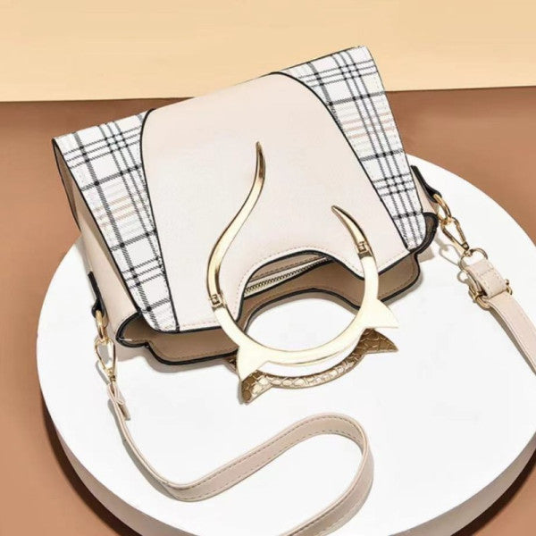 Stylish Metal Handle Beige Women's Handbag with Ring Handle Zipper Closure Lattice Pattern Synthetic Leather Three Compartments - Shop N Save