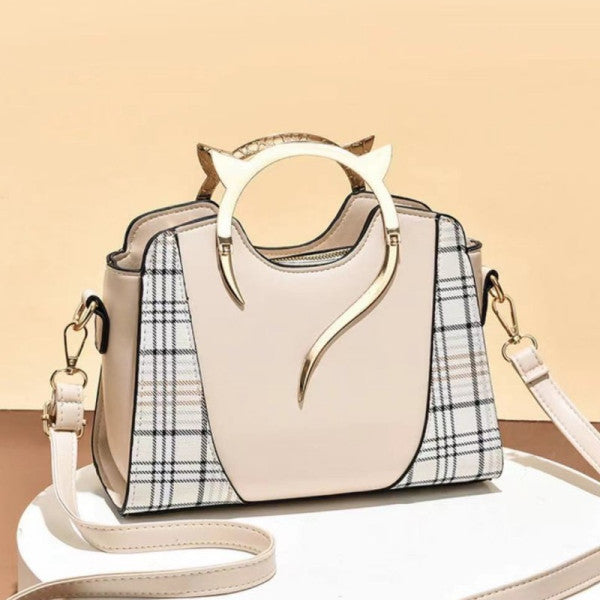 Stylish Metal Handle Beige Women's Handbag with Ring Handle Zipper Closure Lattice Pattern Synthetic Leather Three Compartments - Shop N Save