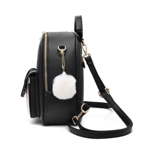 Trendy Black Traveler Backpack Large Capacity Cute Design Polyester Interior Synthetic Leather Straps 3 Compartments Double Handles Zipper Closure