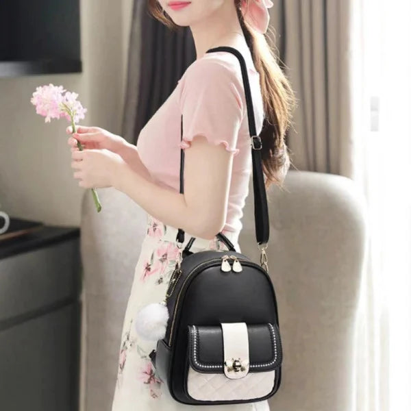 Trendy Black Traveler Backpack Large Capacity Cute Design Polyester Interior Synthetic Leather Straps 3 Compartments Double Handles Zipper Closure