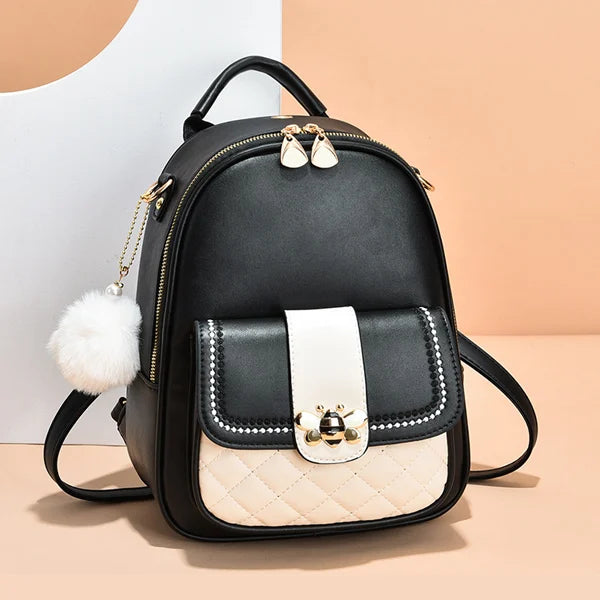 Trendy Black Traveler Backpack Large Capacity Cute Design Polyester Interior Synthetic Leather Straps 3 Compartments Double Handles Zipper Closure