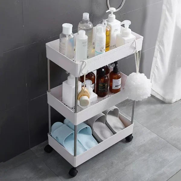 White Plastic 3 Tier Storage Rack Space-Saving Moveable Kitchen Trolley for Home Organization and Bathroom Storage - Shop N Save