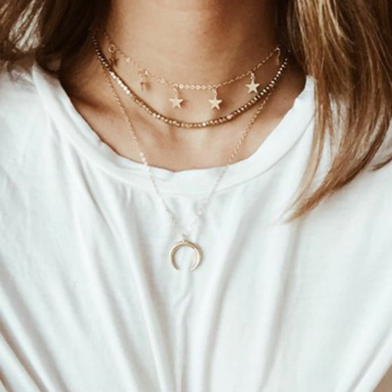 European American Style Necklace - Star Moon Multi-Layered Fashion - Shop N Save