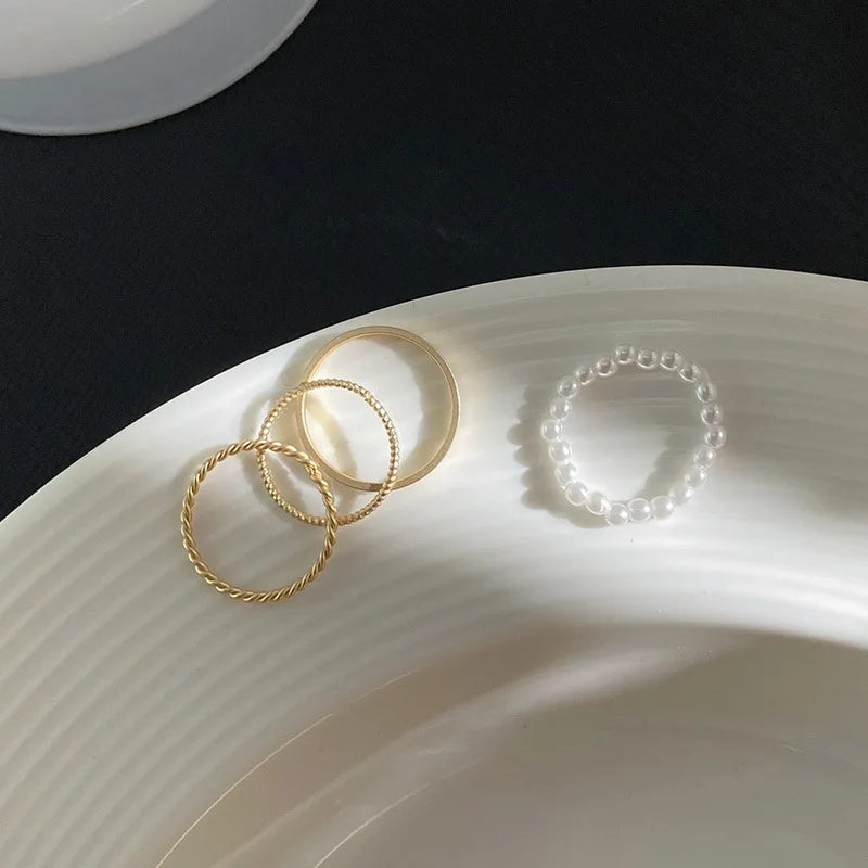 Plain Pearl Overlapping Ring Set - Fashionable Women's Party Jewelry - Shop N Save