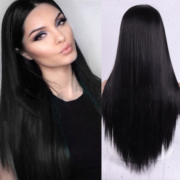 Straight European-American Black Wig - Medium