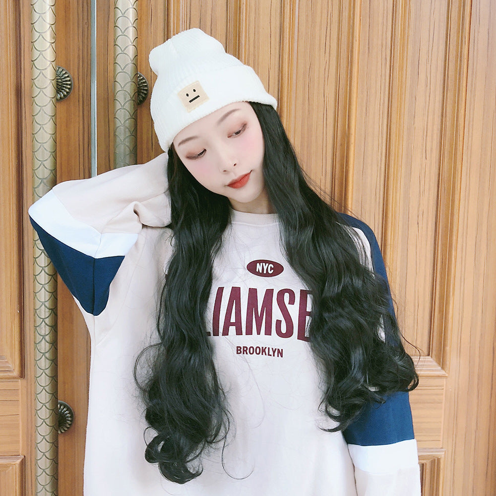 Wig for women with long curly hair, autumn and winter knitted plush hat wig, one-piece women's fashion big wavy wool hat wig