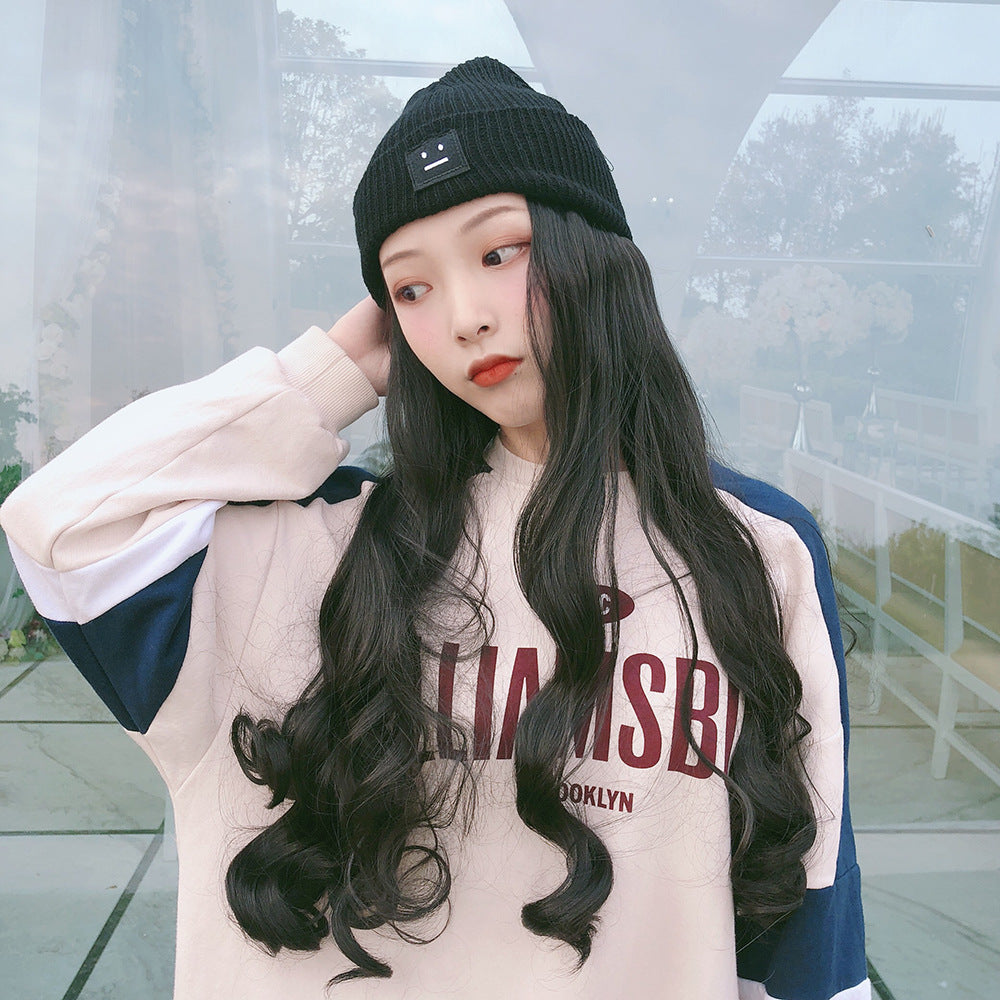 Wig for women with long curly hair, autumn and winter knitted plush hat wig, one-piece women's fashion big wavy wool hat wig