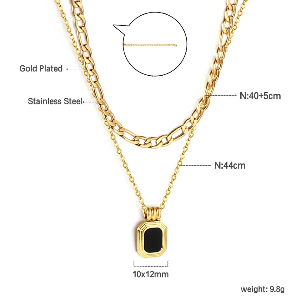 LUXUSTEEL Double Layer Gold Necklace: Black Square Pendant, Korean Choker - Shop N Save
