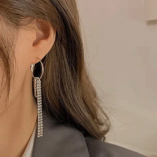 Ladies Fashion Asymmetry Rhinestone Long Earrings - Silver - Shop N Save