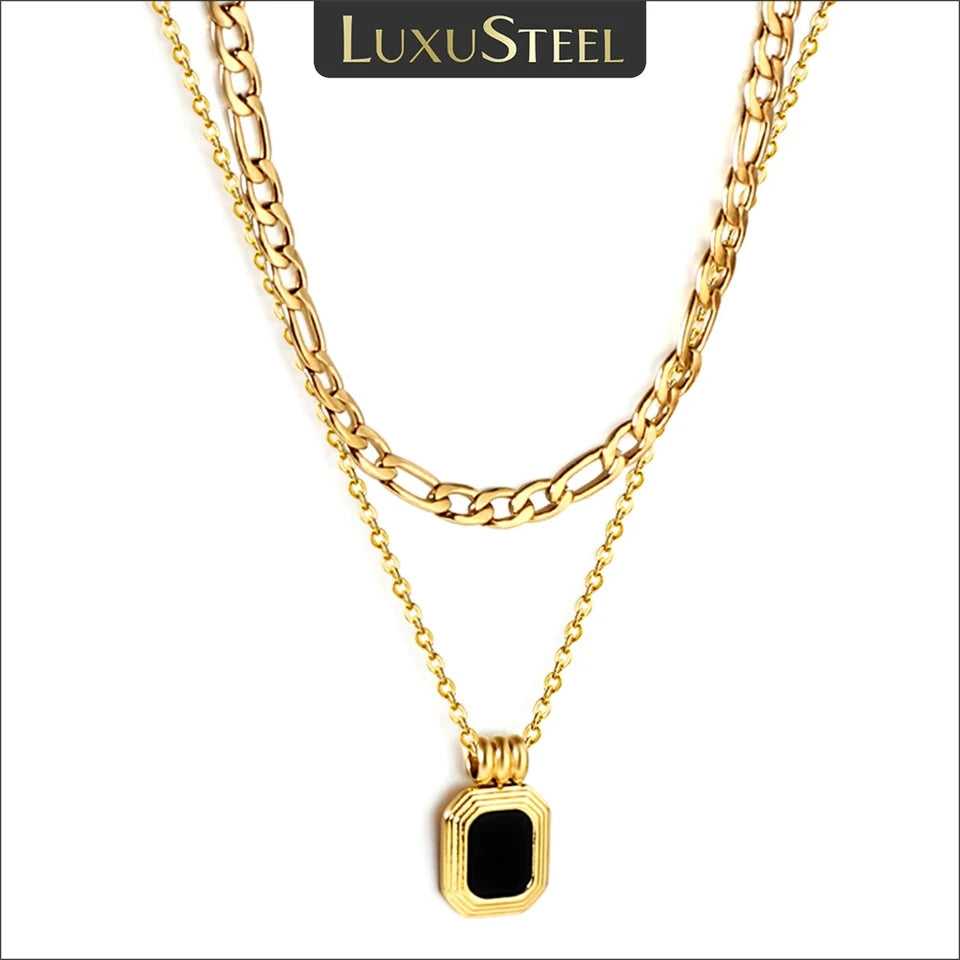 LUXUSTEEL Double Layer Gold Necklace: Black Square Pendant, Korean Choker - Shop N Save