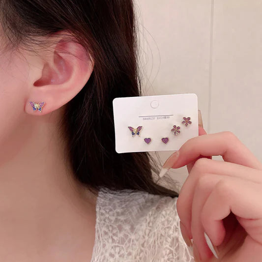 Floral Butterfly With Heart Three Pair Ear Tops - Golden - Shop N Save