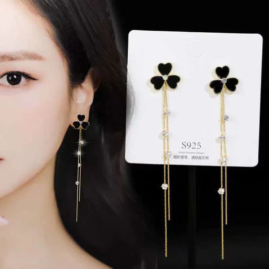 Three Heart Tassel Gold Plated Ear Tops- Black - Shop N Save
