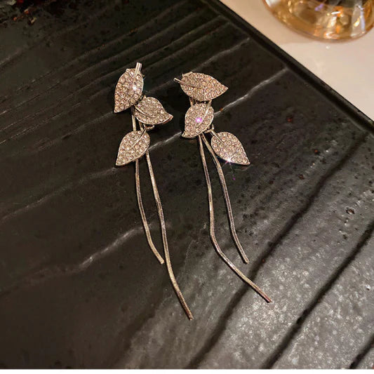 Leaves Carved Crystal Party Wear Ear Tops - Golden