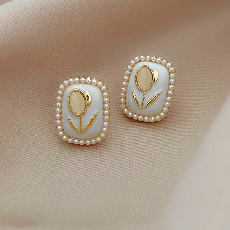 Korean Fashion Earrings: White Glaze Tulip Studs, Geometric Design - Shop N Save