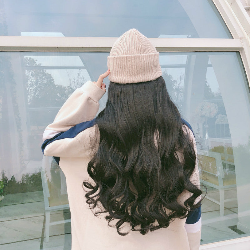 Wig for women with long curly hair, autumn and winter knitted plush hat wig, one-piece women's fashion big wavy wool hat wig