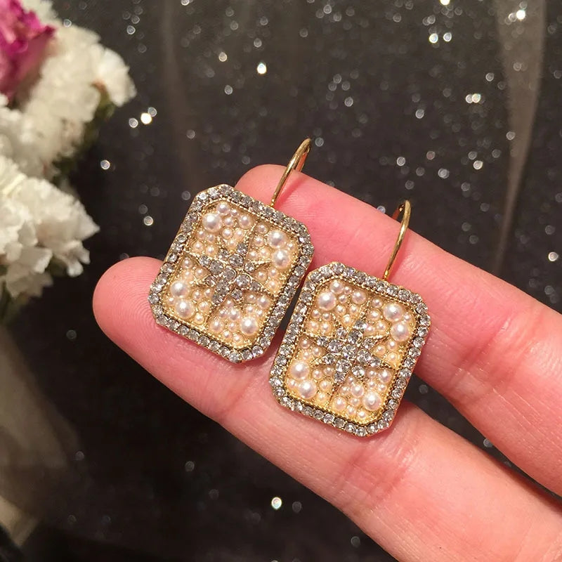 Small Star Earrings: Pearl Flower, Gold Color, Zircon Square - Shop N Save