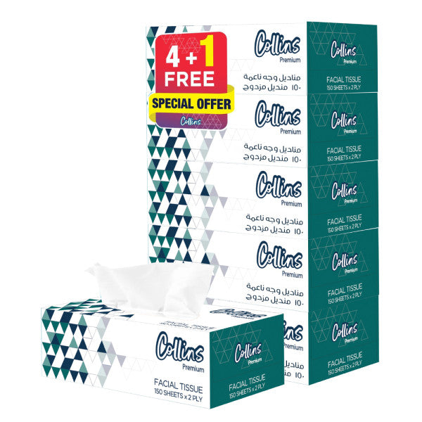 Collins 150 Ply Premium Facial Tissue Soft Gentle Hygienic 100% Virgin Pulp 4 PC Pack + 1 Free Special Edition