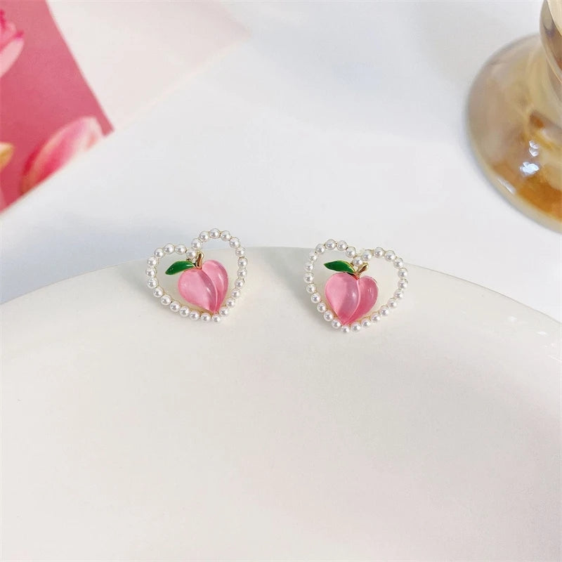 Pink Peach Pearl Studs: Women's Heart Earrings & Sweet Ear Accessories - Shop N Save