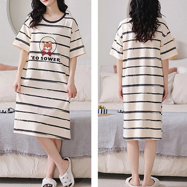 Beige Stripes Nightwear Dress - Soft, Short Sleeves, Midi Length - Shop N Save