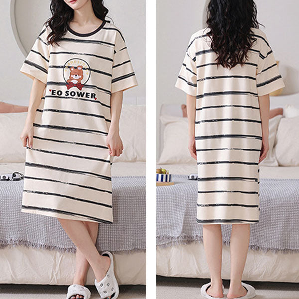 Soft Beige Stripes Print Dress Women's Nightwear Pajama Dress | Short Sleeves Midi Length Round Neck Loose Fit Casual & Sleepwear | Soft Fabric