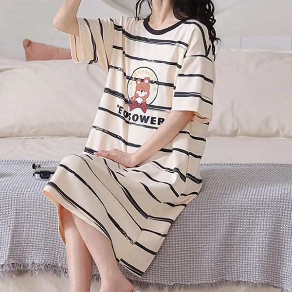 Beige Stripes Nightwear Dress - Soft, Short Sleeves, Midi Length - Shop N Save
