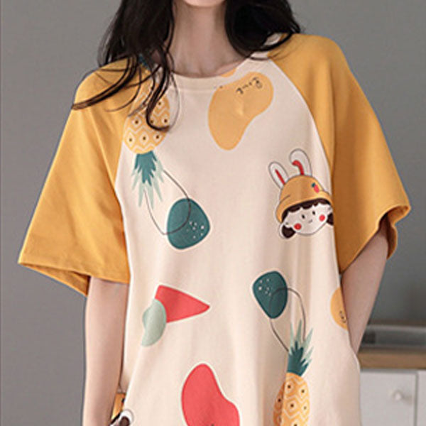Fruits Print Women's Midi Night Dress Casual Loose Style Short Sleeves Round Neck Sleepwear & Pajama Dress. Perfect for Girls!
