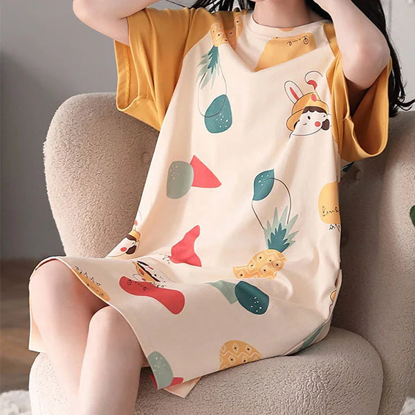 Fruits Print Women's Midi Night Dress Casual Loose Style Short Sleeves Round Neck Sleepwear & Pajama Dress. Perfect for Girls!