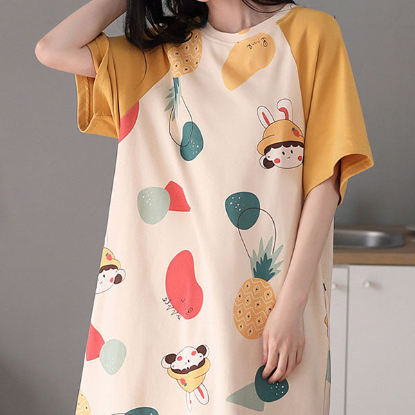 Fruits Print Women's Midi Night Dress Casual Loose Style Short Sleeves Round Neck Sleepwear & Pajama Dress. Perfect for Girls!