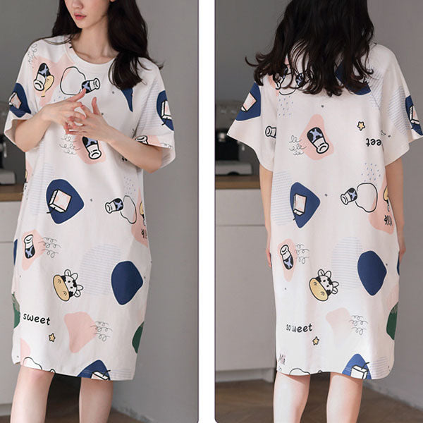 Stylish Printed Midi Pajama Dress - Comfortable Sleepwear for Girls
