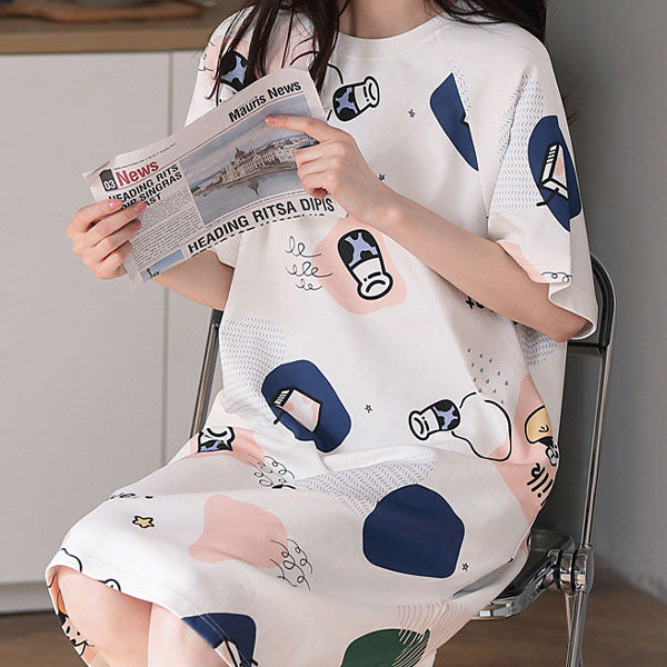 Stylish Printed Midi Pajama Dress - Comfortable Sleepwear for Girls