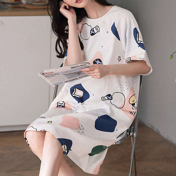 Stylish Printed Midi Pajama Dress - Comfortable Sleepwear for Girls