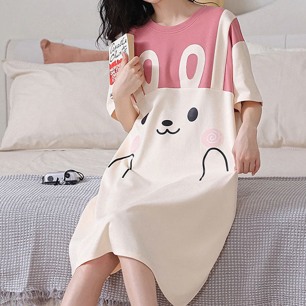Cute Rabbit Printed Midi Length Pajama Dress for Women Casual Loose Style Short Sleeves Round Neck Pink Color Perfect for Sleepwear & Nightwear.