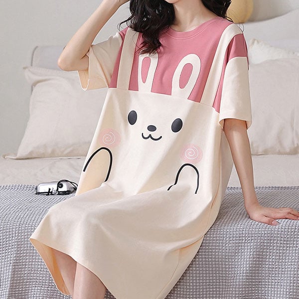Cute Rabbit Printed Midi Length Pajama Dress for Women Casual Loose Style Short Sleeves Round Neck Pink Color Perfect for Sleepwear & Nightwear.