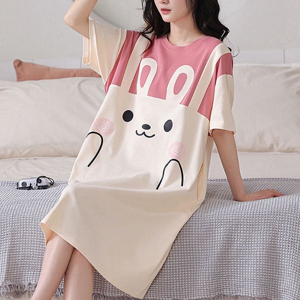 Cute Rabbit Print Midi Pajama Dress - Pink, Casual Sleepwear Women - Shop N Save