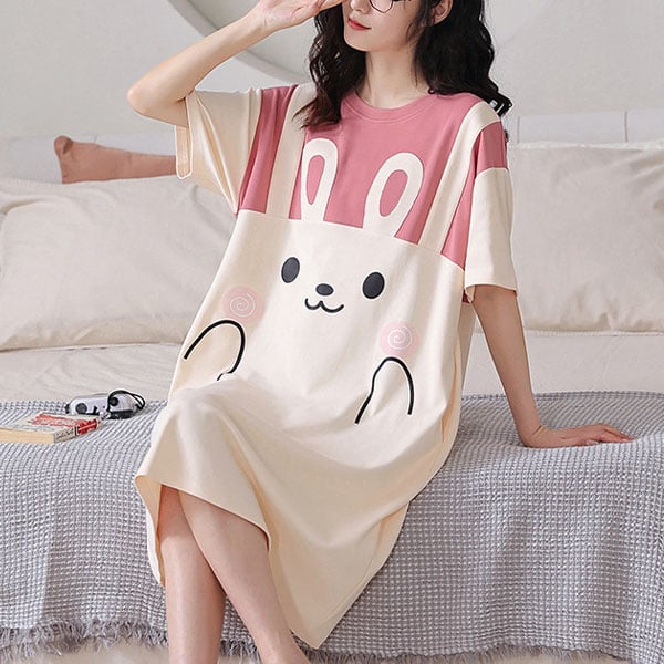 Cute Rabbit Printed Midi Length Pajama Dress for Women Casual Loose Style Short Sleeves Round Neck Pink Color Perfect for Sleepwear & Nightwear.
