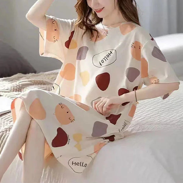 Colorful Cartoon Print Midi Dress for Women Loose and Comfortable Round Neck Short Sleeves Pajama Dress Perfect Nightwear for Girls!