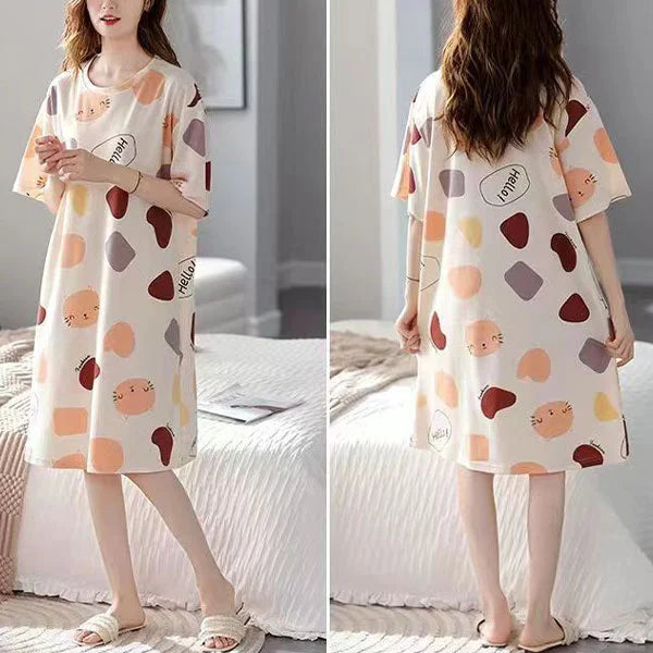 Colorful Cartoon Print Midi Dress for Women Loose and Comfortable Round Neck Short Sleeves Pajama Dress Perfect Nightwear for Girls!