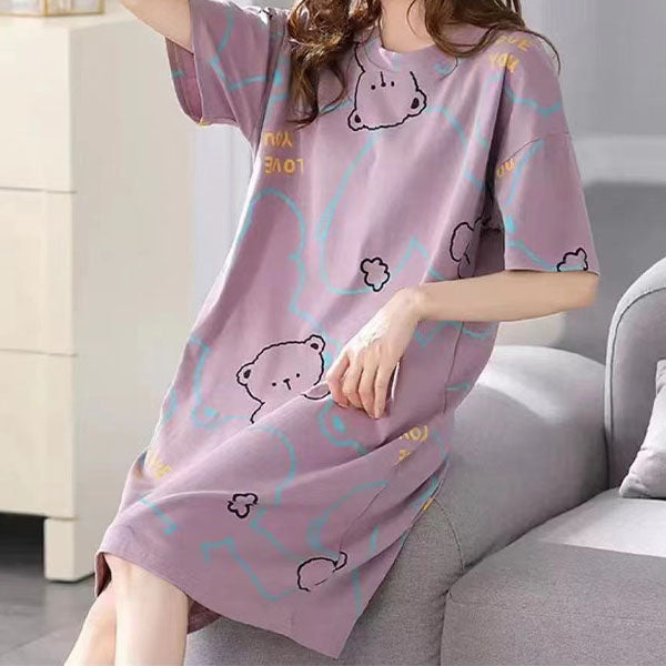 Cute Bear Cartoon Print Purple Women's Midi Dress Comfy and Casual Sleepwear Perfect for Girls' Night In!