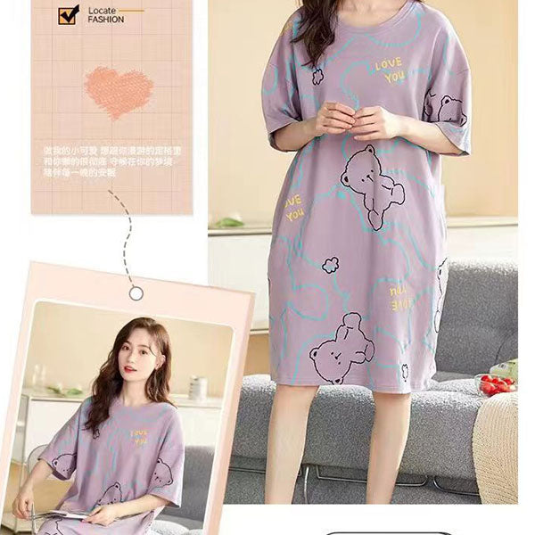 Cute Bear Cartoon Print Purple Women's Midi Dress Comfy and Casual Sleepwear Perfect for Girls' Night In!