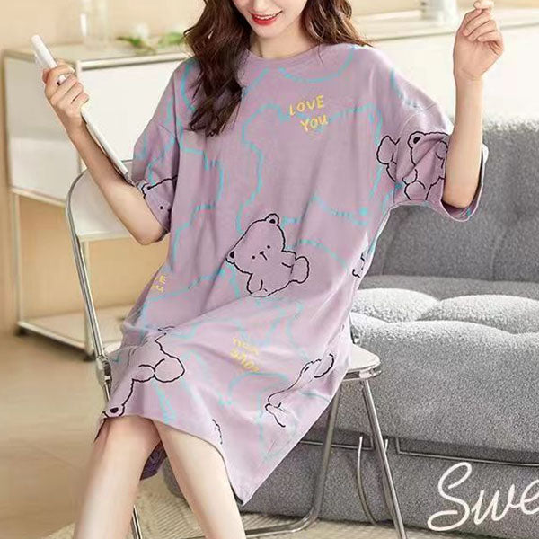 Cute Bear Cartoon Print Purple Women's Midi Dress Comfy and Casual Sleepwear Perfect for Girls' Night In!