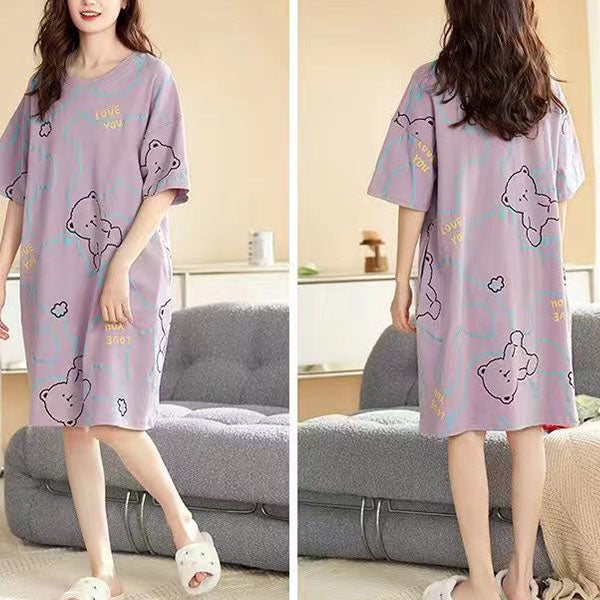 Cute Bear Cartoon Print Purple Women's Midi Dress Comfy and Casual Sleepwear Perfect for Girls' Night In!