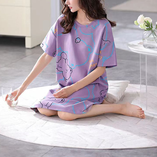 Cute Bear Cartoon Print Purple Women's Midi Dress Comfy and Casual Sleepwear Perfect for Girls' Night In!