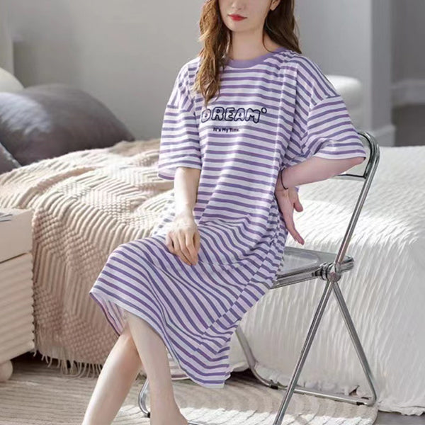 Stylish Purple Stripes Dress Comfy Short Sleeves Midi-Length Casual Wear for Women Soft Fabric Pajama Nightwear