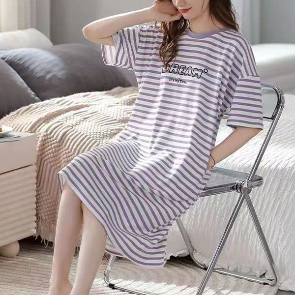 Stylish Purple Stripes Dress Comfy Short Sleeves Midi-Length Casual Wear for Women Soft Fabric Pajama Nightwear