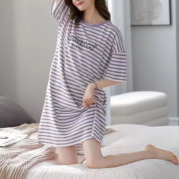 Stylish Purple Stripes Dress Comfy Short Sleeves Midi-Length Casual Wear for Women Soft Fabric Pajama Nightwear