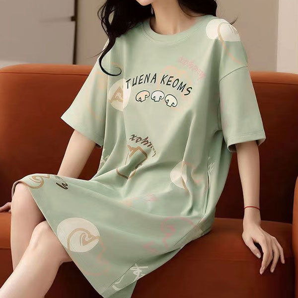 Stylish Light Green Alphabetic Print Dress Loose Fit Midi Length Short Sleeves Round Neck Perfect Casual Wear for Women