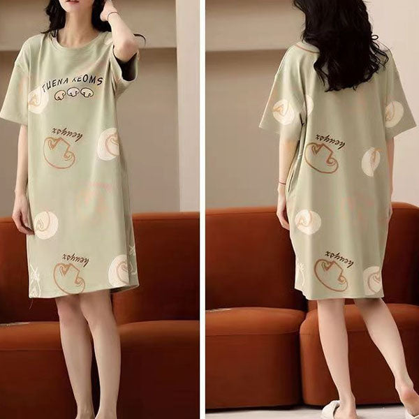 Stylish Light Green Alphabetic Print Dress Loose Fit Midi Length Short Sleeves Round Neck Perfect Casual Wear for Women