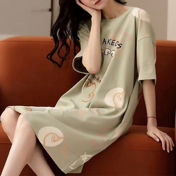 Stylish Light Green Alphabetic Print Dress Loose Fit Midi Length Short Sleeves Round Neck Perfect Casual Wear for Women