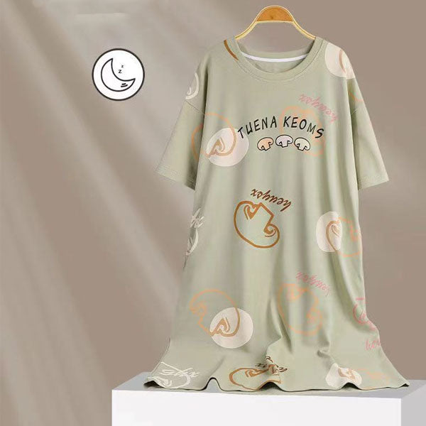 Stylish Light Green Alphabetic Print Dress Loose Fit Midi Length Short Sleeves Round Neck Perfect Casual Wear for Women