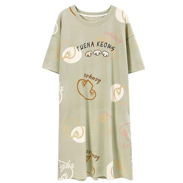 Stylish Light Green Alphabetic Print Dress Loose Fit Midi Length Short Sleeves Round Neck Perfect Casual Wear for Women